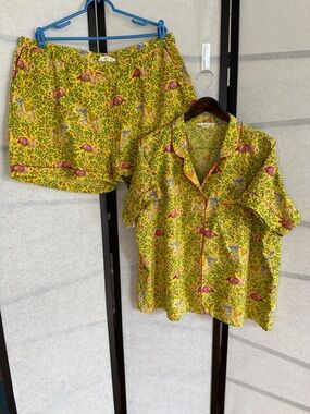 Printfresh Pajama Set 2X Elephant Flamingo Yellow Organic Cotton Short Sleeve PJ